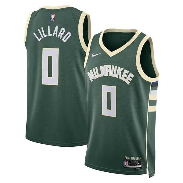 Mens Milwaukee Bucks #0 Damian Lillard Green Icon Edition Stitched Basketball Jersey Dzhi